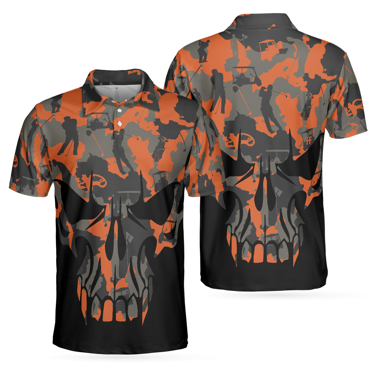 Orange Camouflage Golf Set Skull Golf Polo Shirt, Golfer Silhouette Pattern Polo Shirt, Camo Golf Shirt For Men