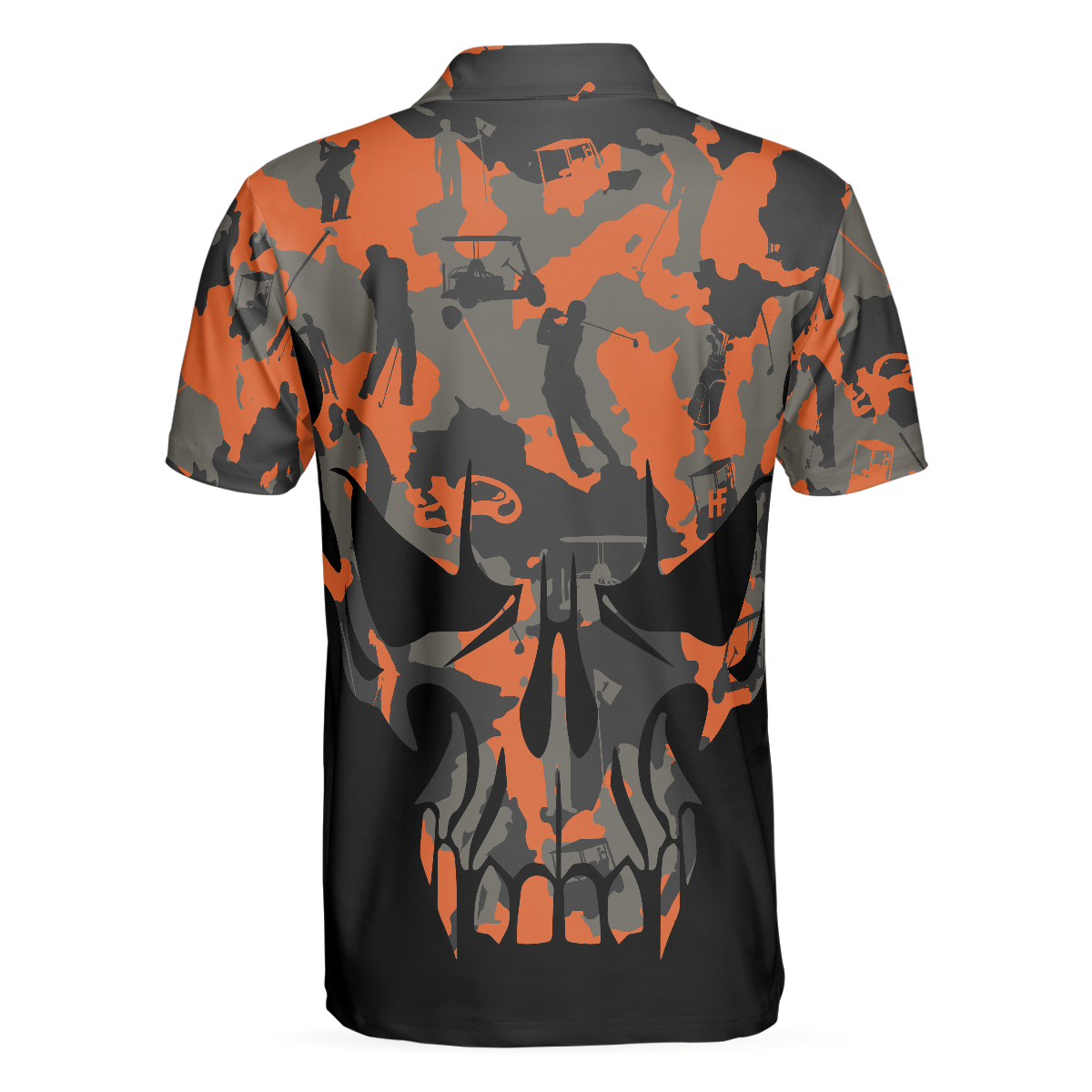Alternative view of Orange Camouflage Golf Set Skull Golf Polo Shirt, Golfer Silhouette Pattern Polo Shirt, Camo Golf Shirt For Men