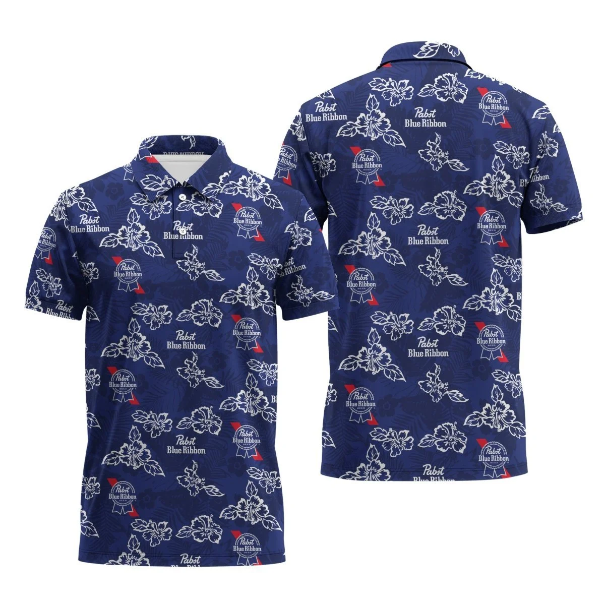 Pabst Blue Ribbon Hibiscus Flower Polo Shirt