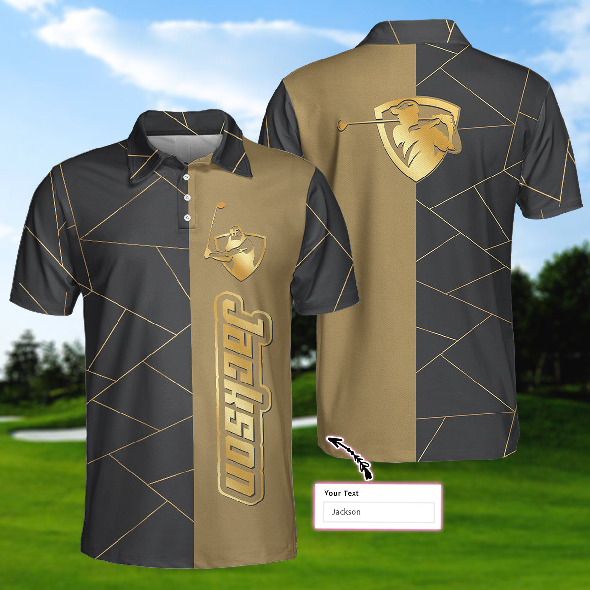 Personalized Golden Lines Golf Short Sleeve Custom Polo Shirt, Luxury Golf Shirt For Men