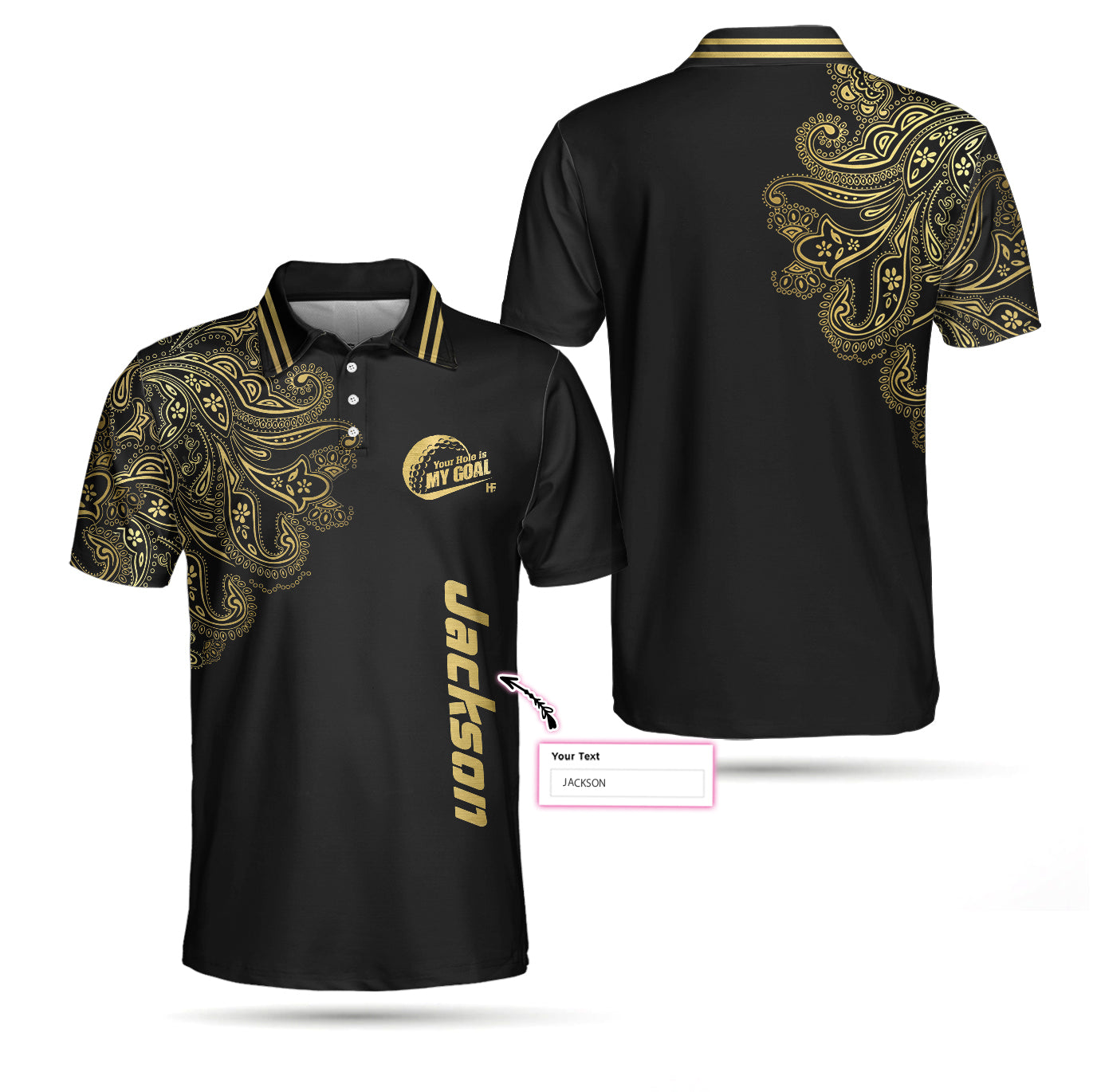 Personalized Golden Your Hole Is My Goal Custom Polo Shirt, Luxury Black And Gold Golf Shirt For Men