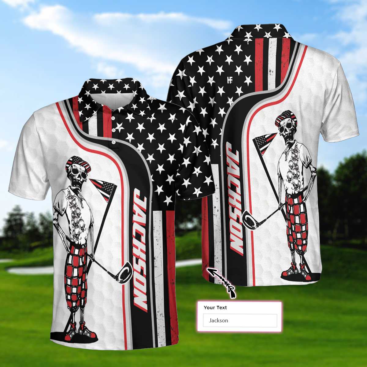 Personalized Golfer On Black And Red American Flag Custom Polo Shirt, USA Flag Golf Shirt For Men