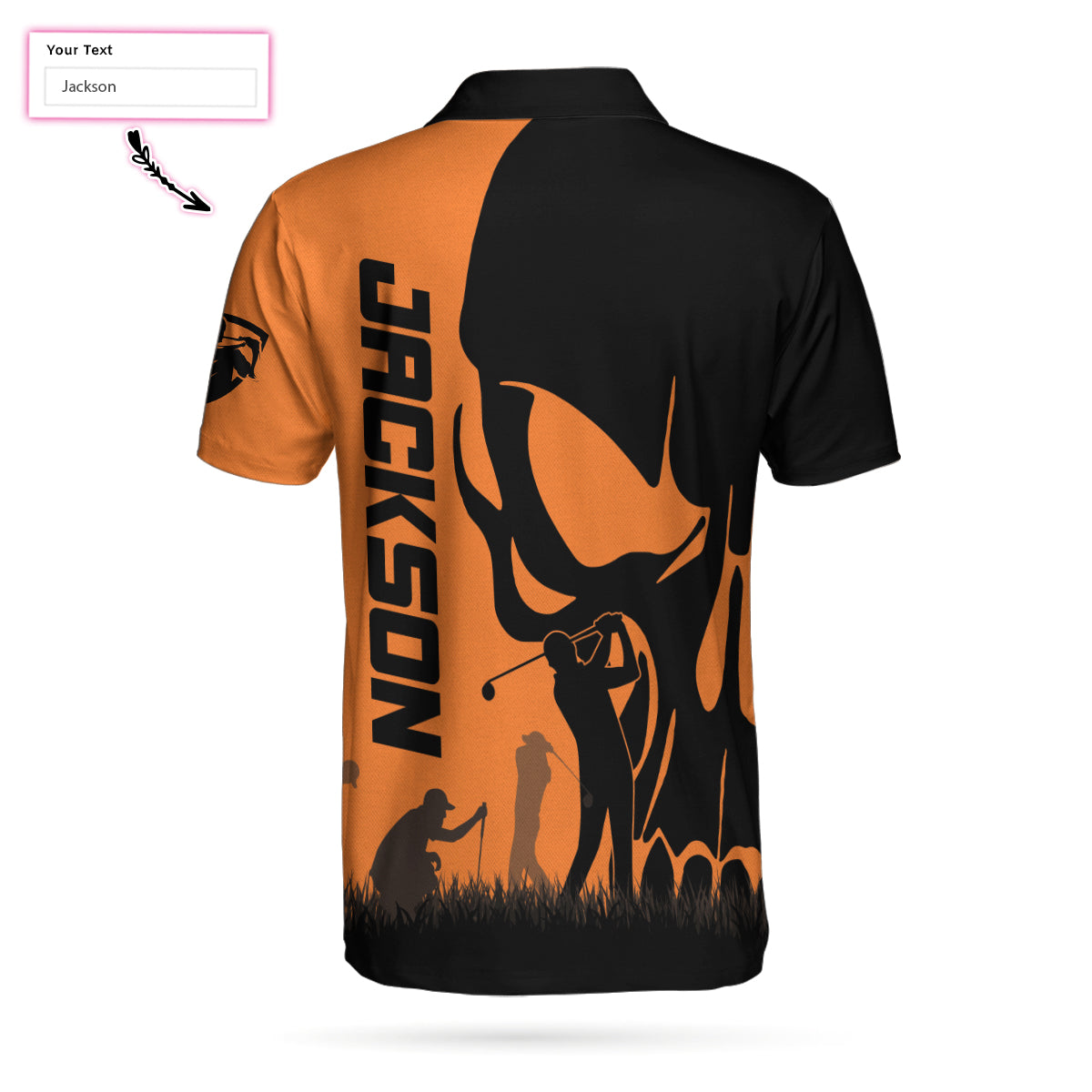 Alternative view of Personalized Golfer Skull Custom Polo Shirt, Black And Orange Polo Shirt, Best Golf Shirt For Men