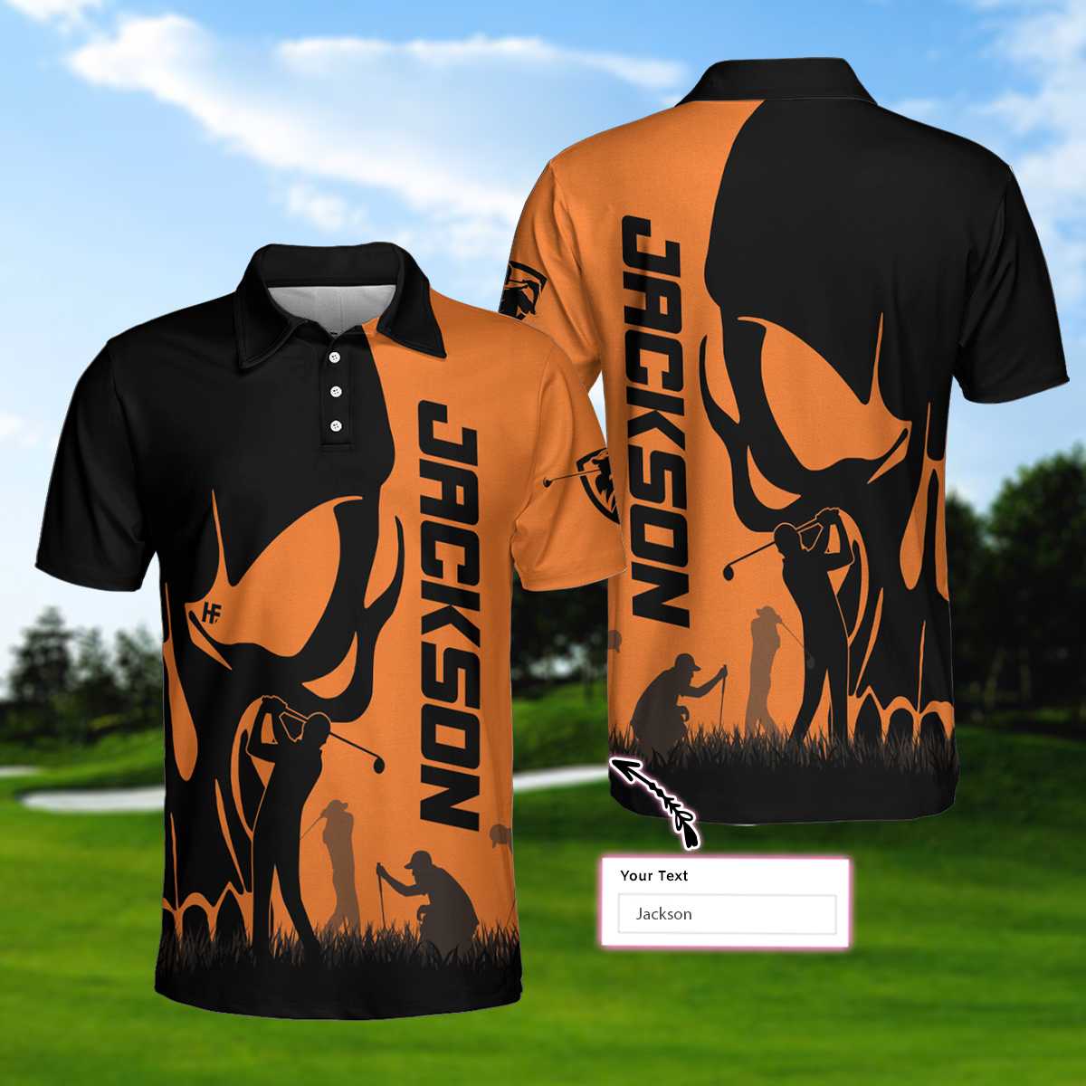 Personalized Golfer Skull Custom Polo Shirt, Black And Orange Polo Shirt, Best Golf Shirt For Men