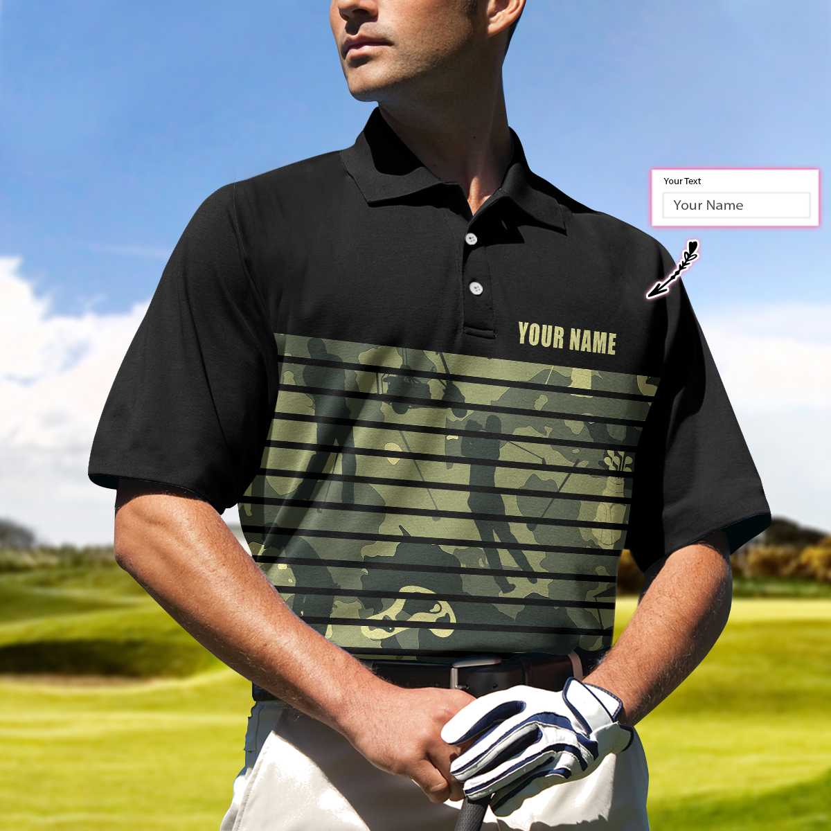 Alternative view of Personalized Golfing Camouflaged Fore Custom Polo Shirt, Golfing Horizontal Stripes Polo Shirt, Camo Golf Shirt For Men