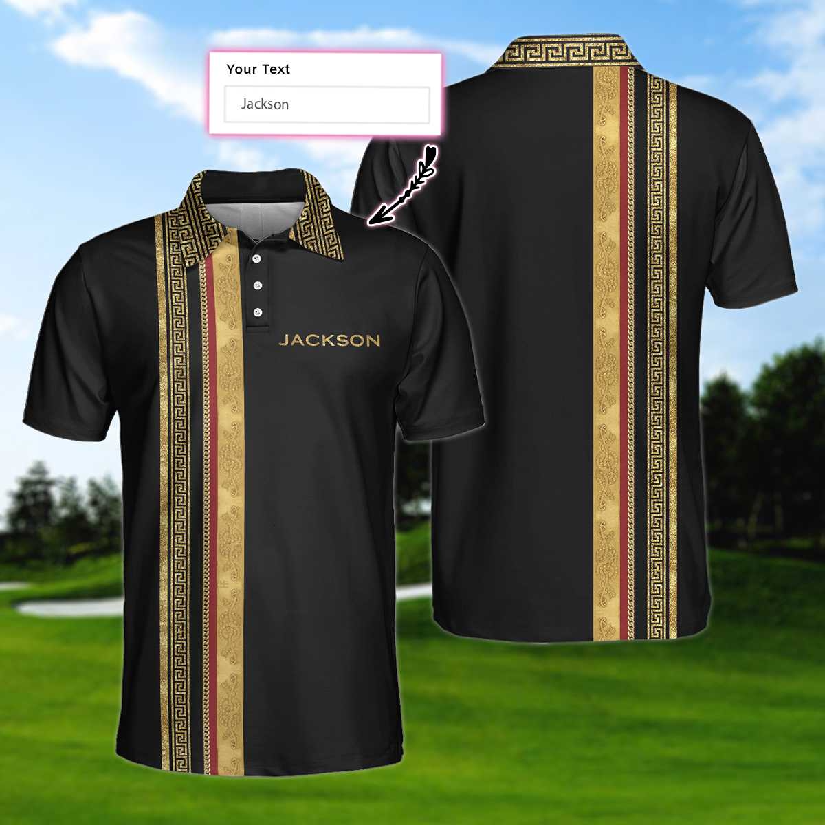 Personalized Luxury Baroque Pattern Golf Custom Polo Shirt, Golden Greek Key Pattern Golf Shirt For Men