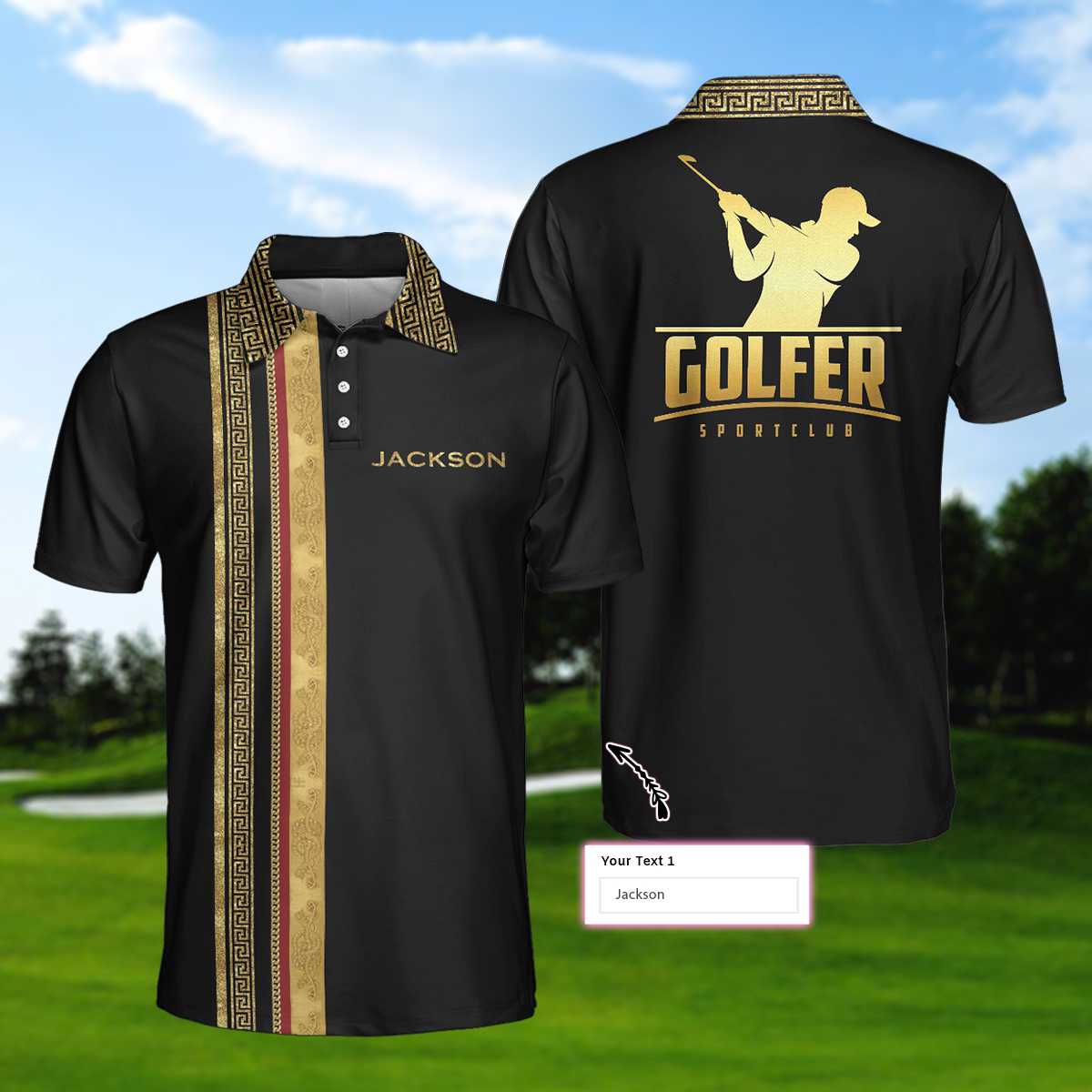 Personalized Luxury Baroque Pattern Golfer Custom Polo Shirt, Golden Greek Key Pattern Golf Shirt For Men
