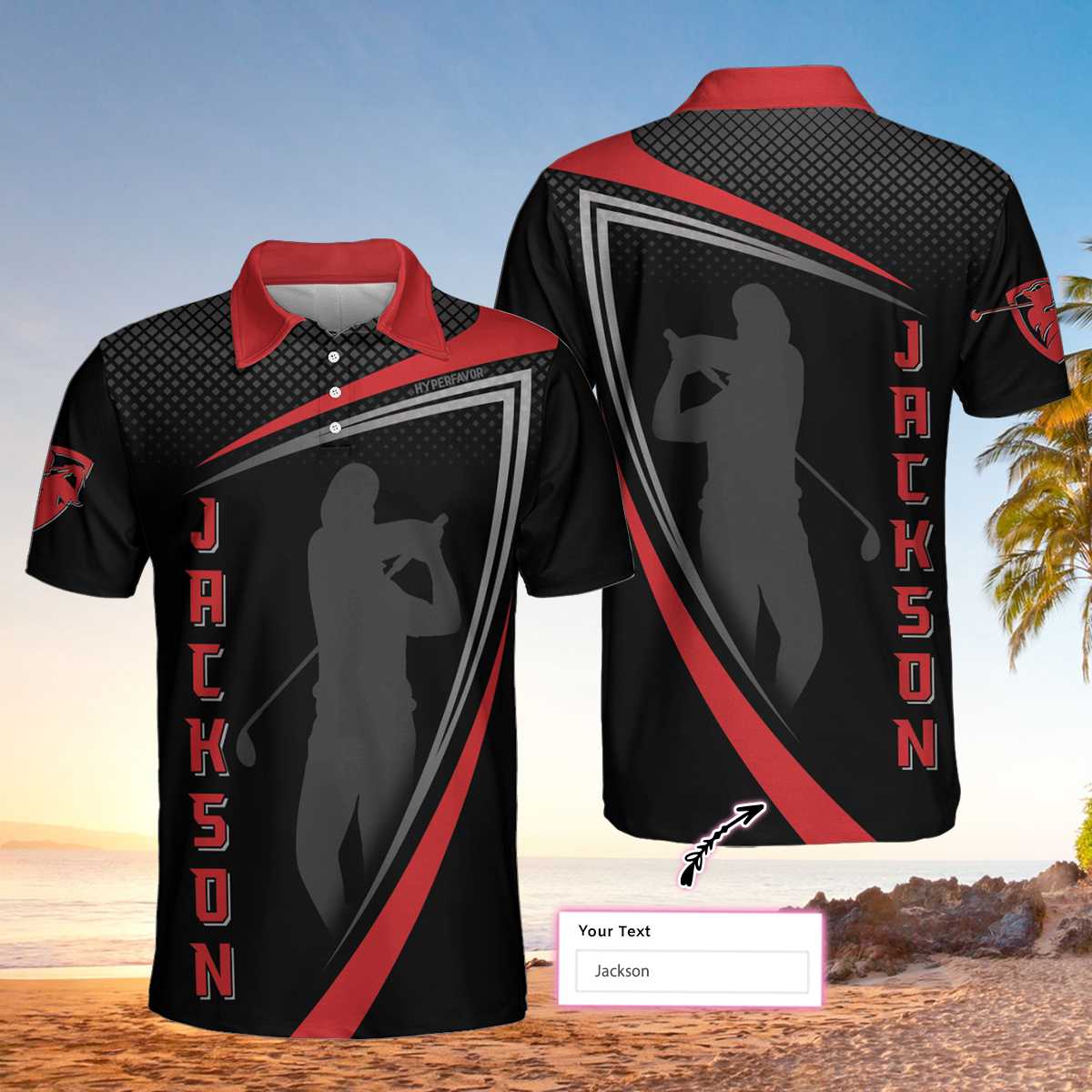 Personalized Red And Black Sport Golf Custom Polo Shirt, Golfer Silhouette Polo Shirt, Best Golf Shirt For Men