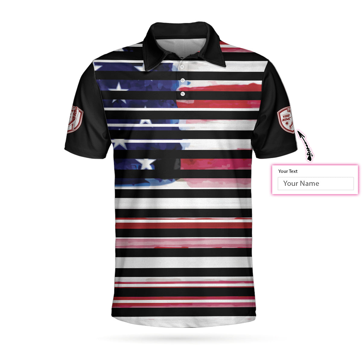 Alternative view of Personalized Vintage American Flag Polo Shirt, Horizontal Stripe Wet Paint US Flag Polo Shirt, Golf Shirt For Men