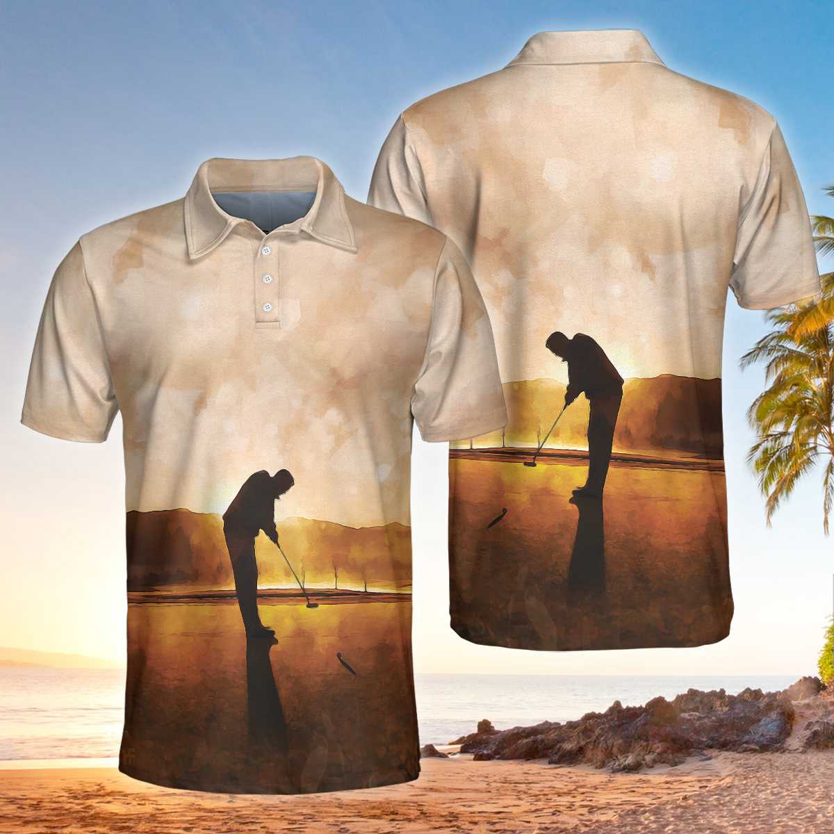 Playing Golf At Sunset Short Sleeve Polo Shirt, Beautiful Scene Polo Shirt, Best Golf Shirt For Men