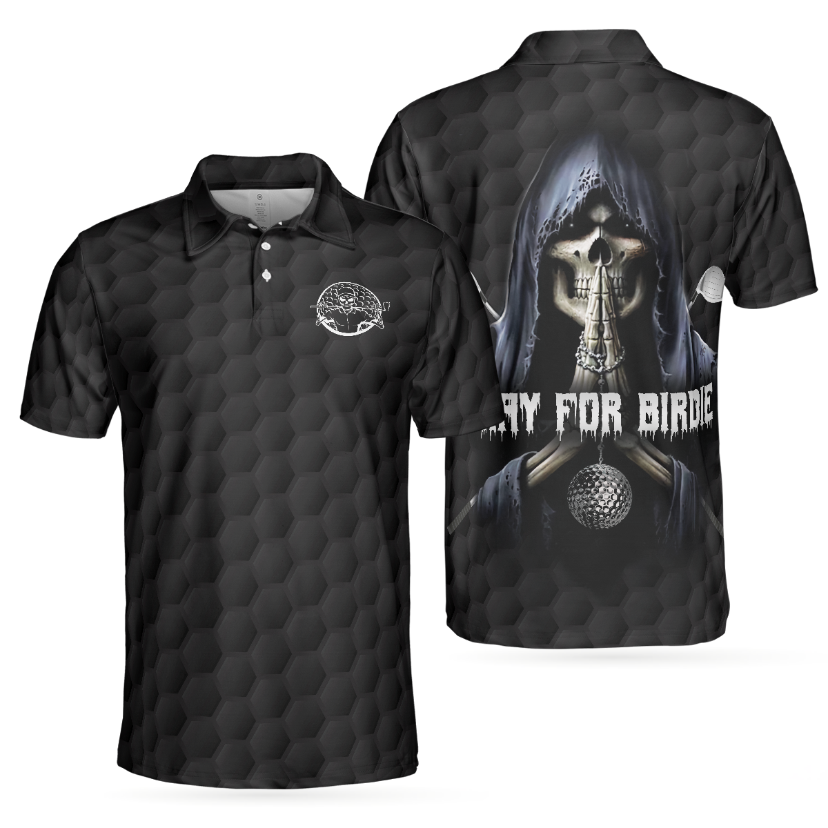 Pray For Birdie Golfing Skeleton Polo Shirt, Black Golf Pattern Skull Polo Shirt, Best Golf Shirt For Men