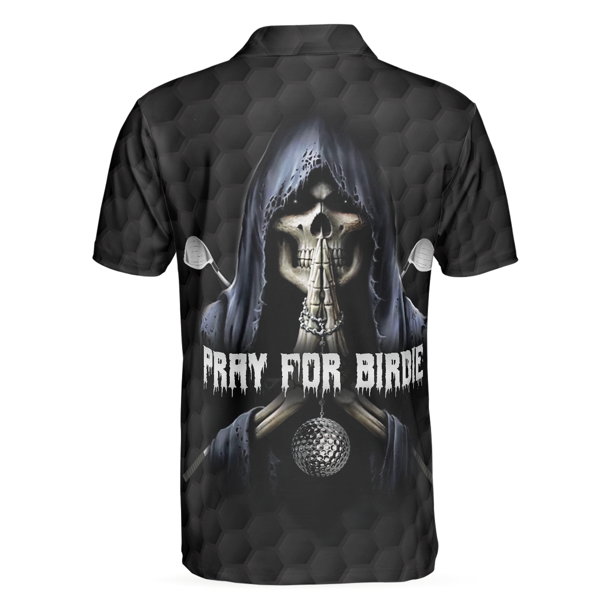 Alternative view of Pray For Birdie Golfing Skeleton Polo Shirt, Black Golf Pattern Skull Polo Shirt, Best Golf Shirt For Men