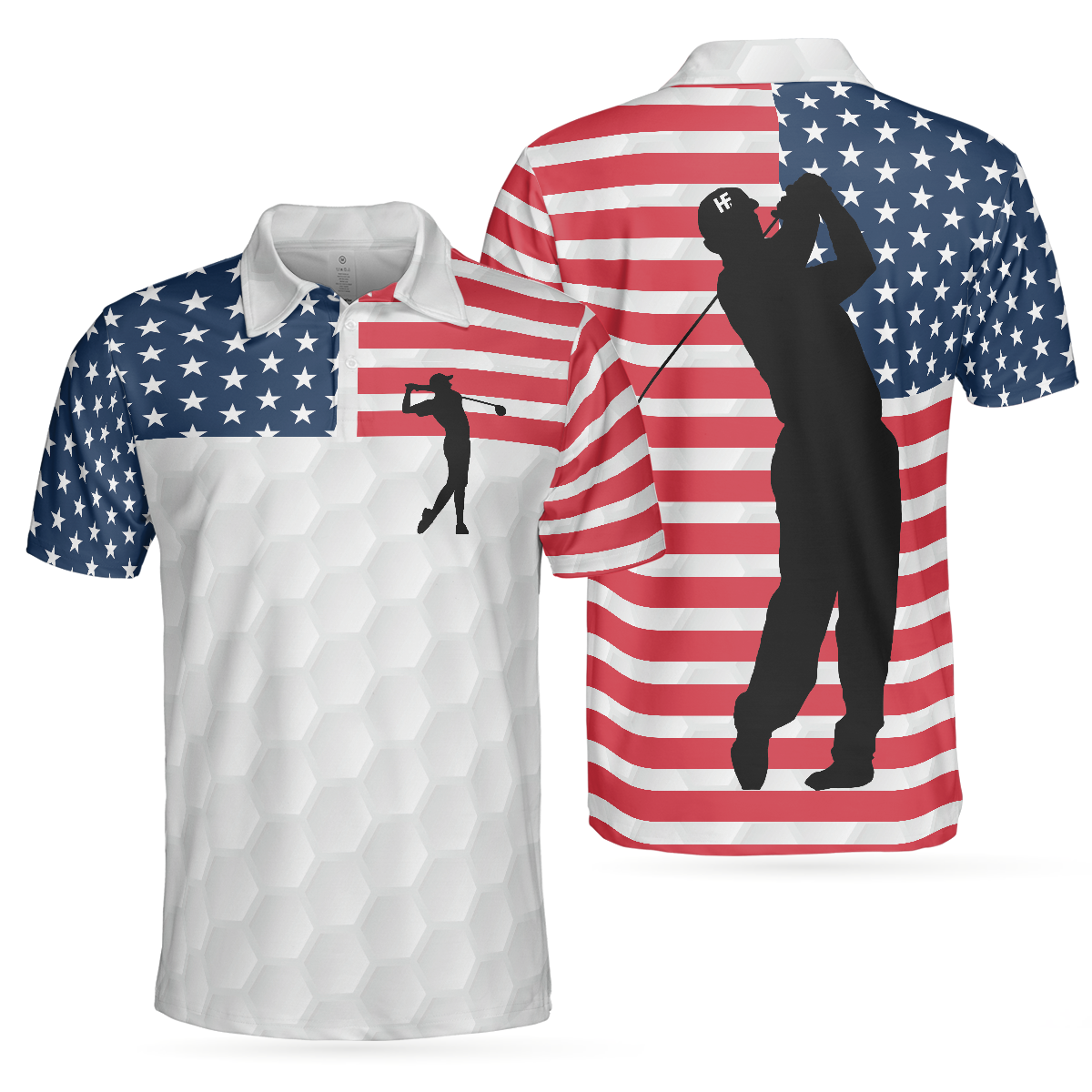 Premium American Golfer Polo Shirt, White Golf Pattern American Flag Polo Shirt, Best Golf Shirt For Men
