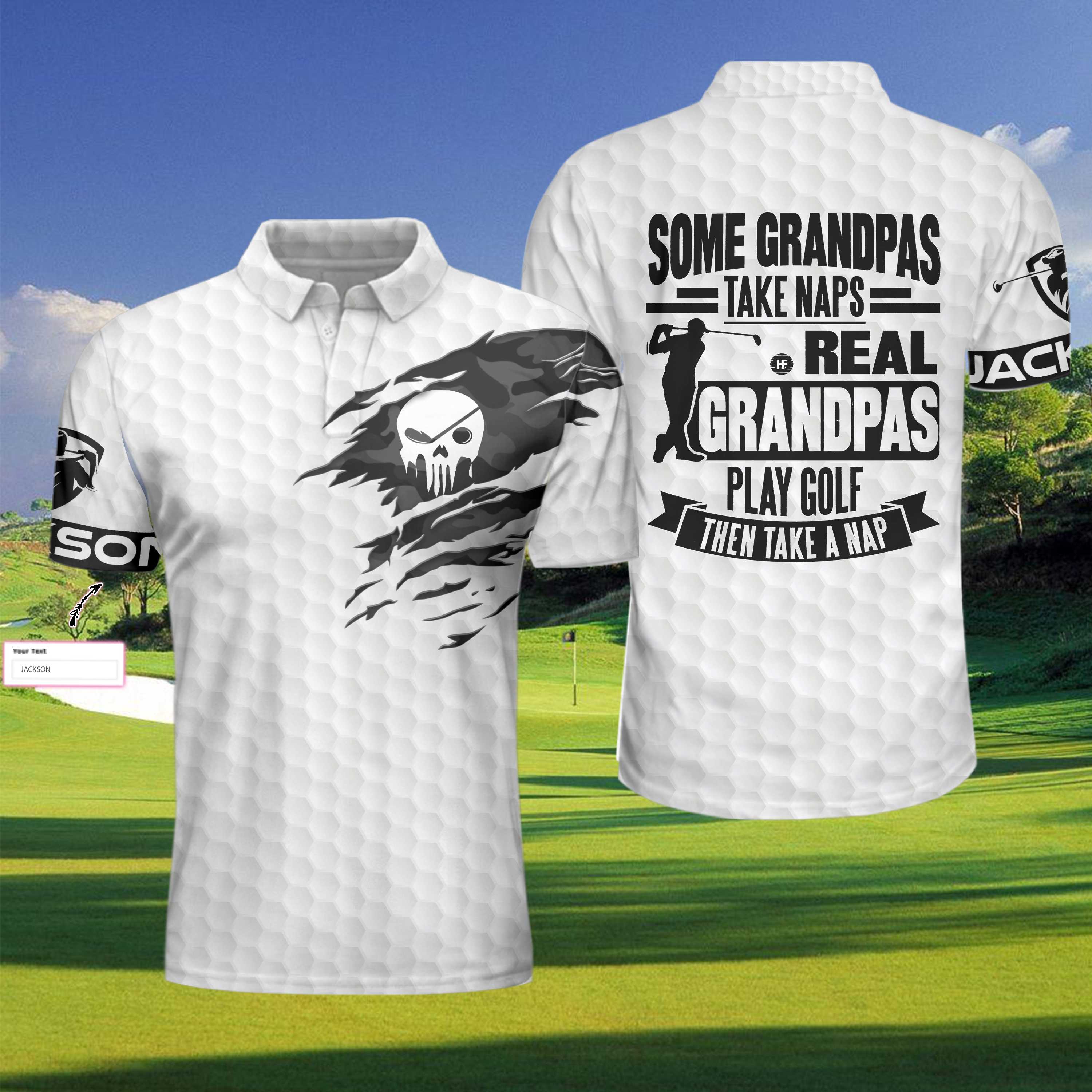 Real Grandpas Play Golf Custom Polo Shirt, Personalized Golf Shirt For Men, Funny Skull Golf Polo Shirt