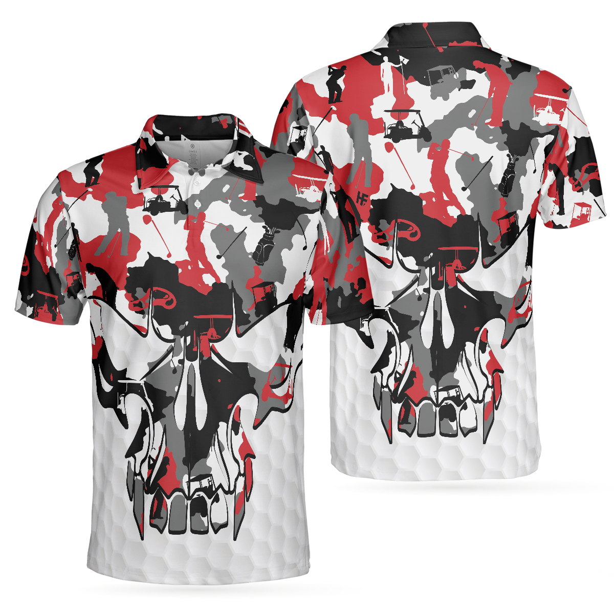 Red And White Camouflage Golf Set Skull Short Sleeve Polo Shirt, Camo Golf Shirt For Men