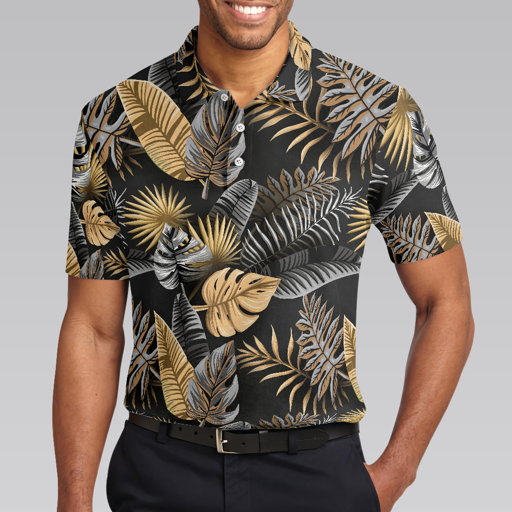 Alternative view of Seamless Luxury Tropical Pattern Golf Polo Shirt, Black And Gold Best Floral Golf Shirt For Men