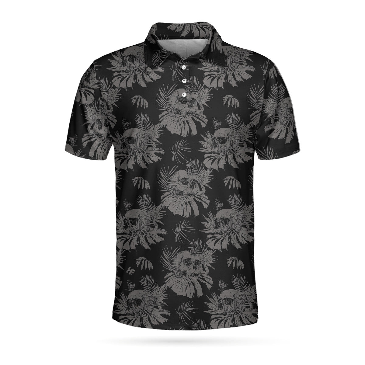 Alternative view of Seamless Skull Goth Polo Shirt, Black Floral Skull Pattern Polo Shirt, Best Gothic Shirt For Men