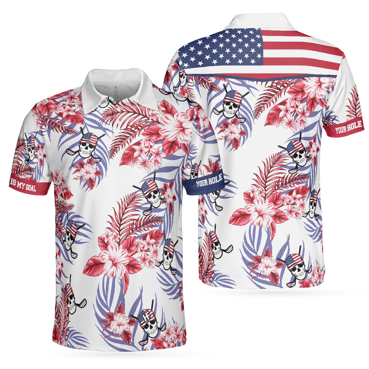 Seamless Tropical Pattern Golf Skull America Polo Shirt, Texas Bluebonnet Golf Shirt For Men