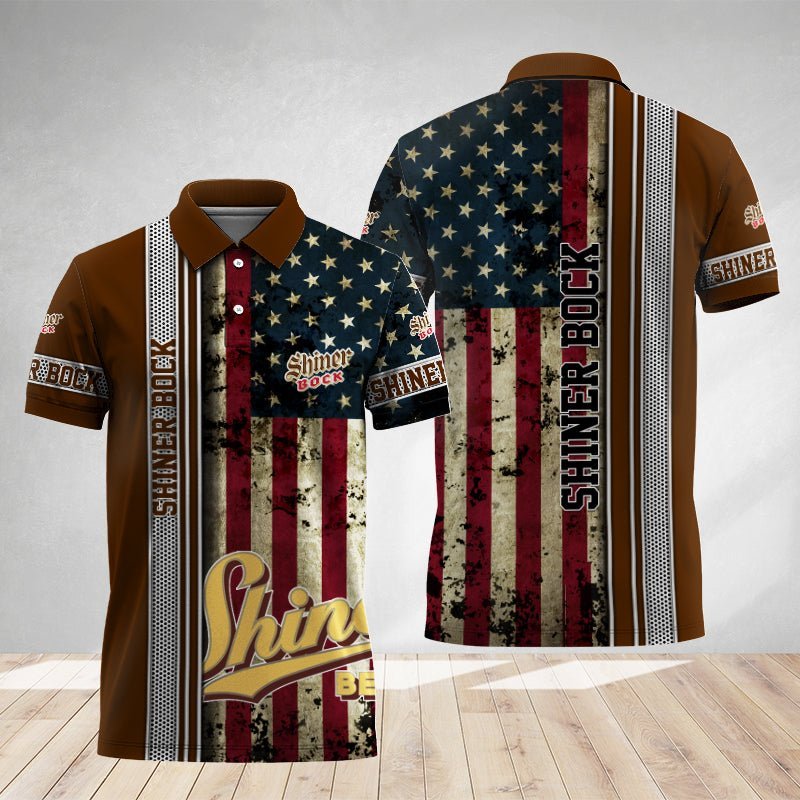 Shiner Bock Stainless Steel American Flag Polo Shirt