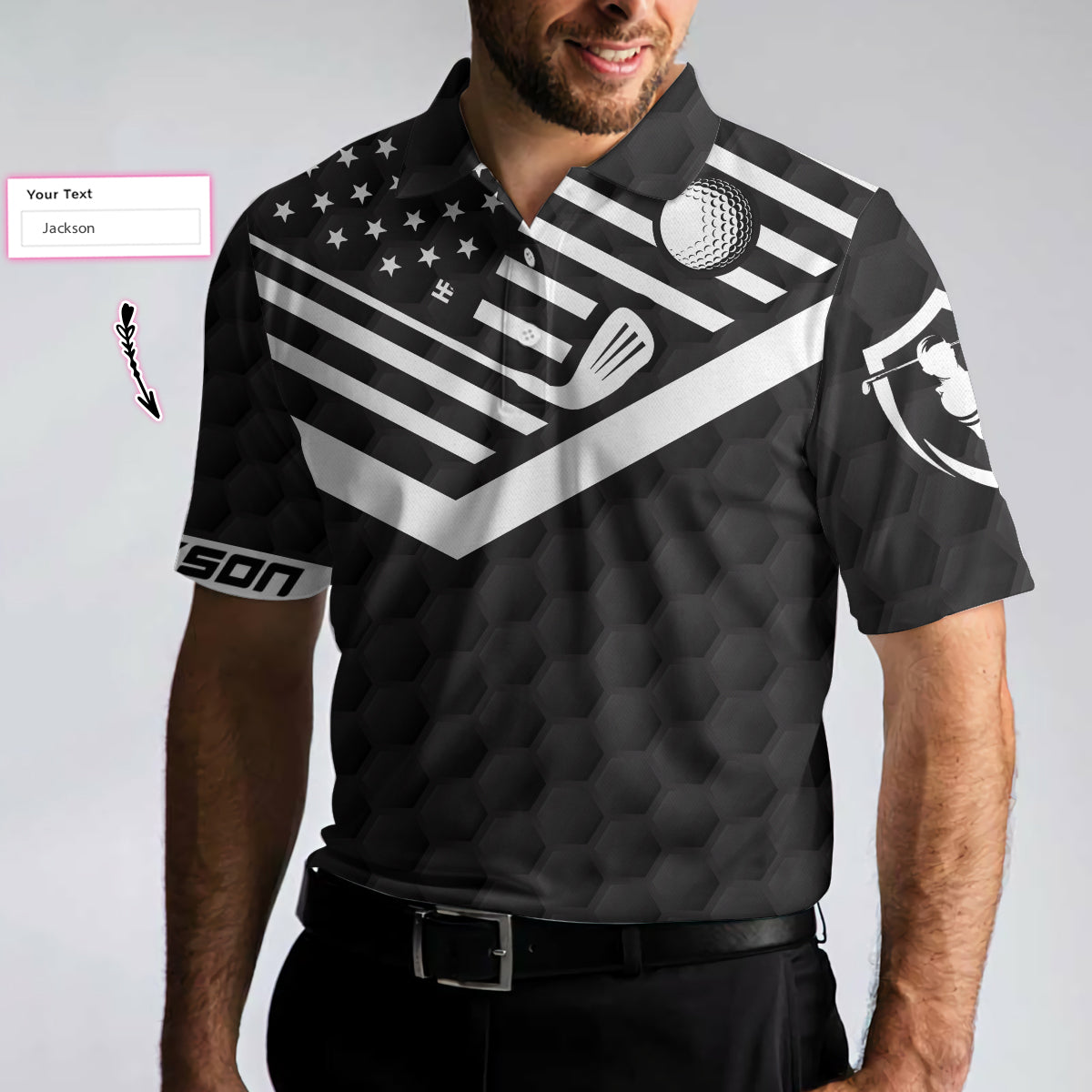 Alternative view of Sinking Putts Banging Sluts Custom Polo Shirt, Personalized Black Golf Pattern American Flag Golf Shirt For Men