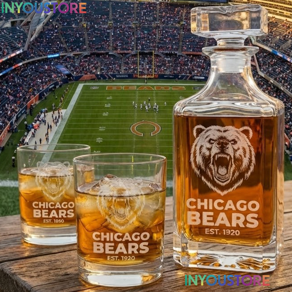 Chicago Bears Custom Decanter Set with 2 Whiskey Glasses Etched Glassware Kit Est. 1920 NFL Fan Gift
