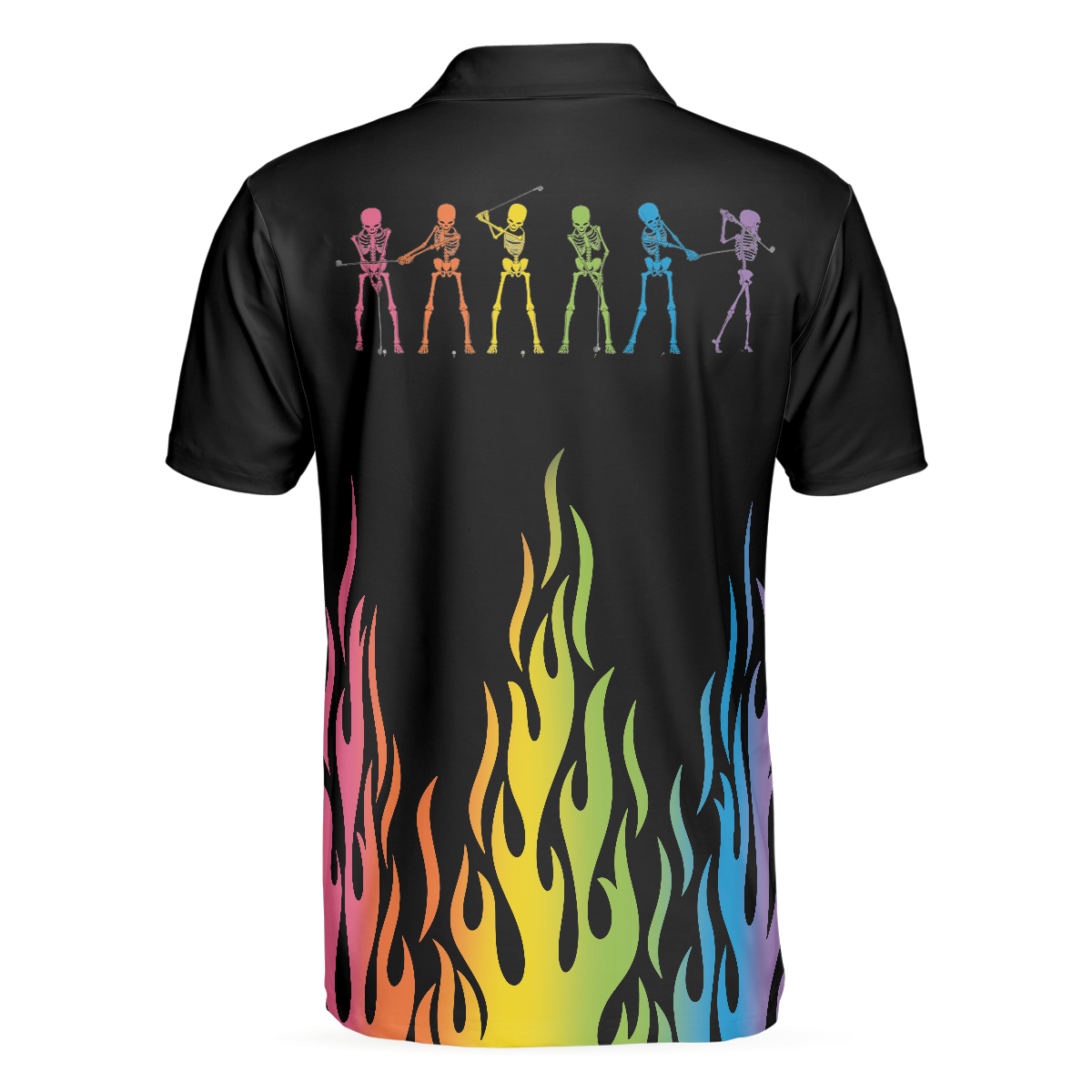 Alternative view of Skeleton Playing Golf Polo Shirt, Rainbow Pallette Fire Golfing Polo Shirt, Cool Golf Shirt For Men