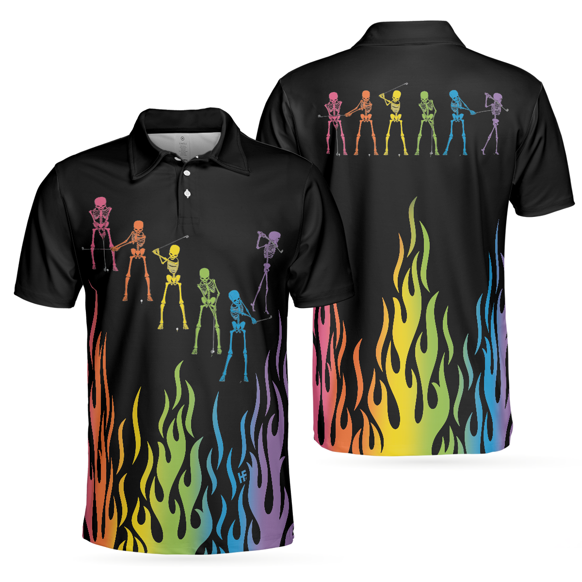 Skeleton Playing Golf Polo Shirt, Rainbow Pallette Fire Golfing Polo Shirt, Cool Golf Shirt For Men