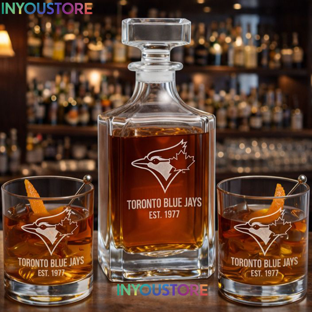 Toronto Blue Jays Custom Decanter Set with 2 Whiskey Glasses Etched Glassware Kit Est. 1977 MLB Fan Gift - Image 4