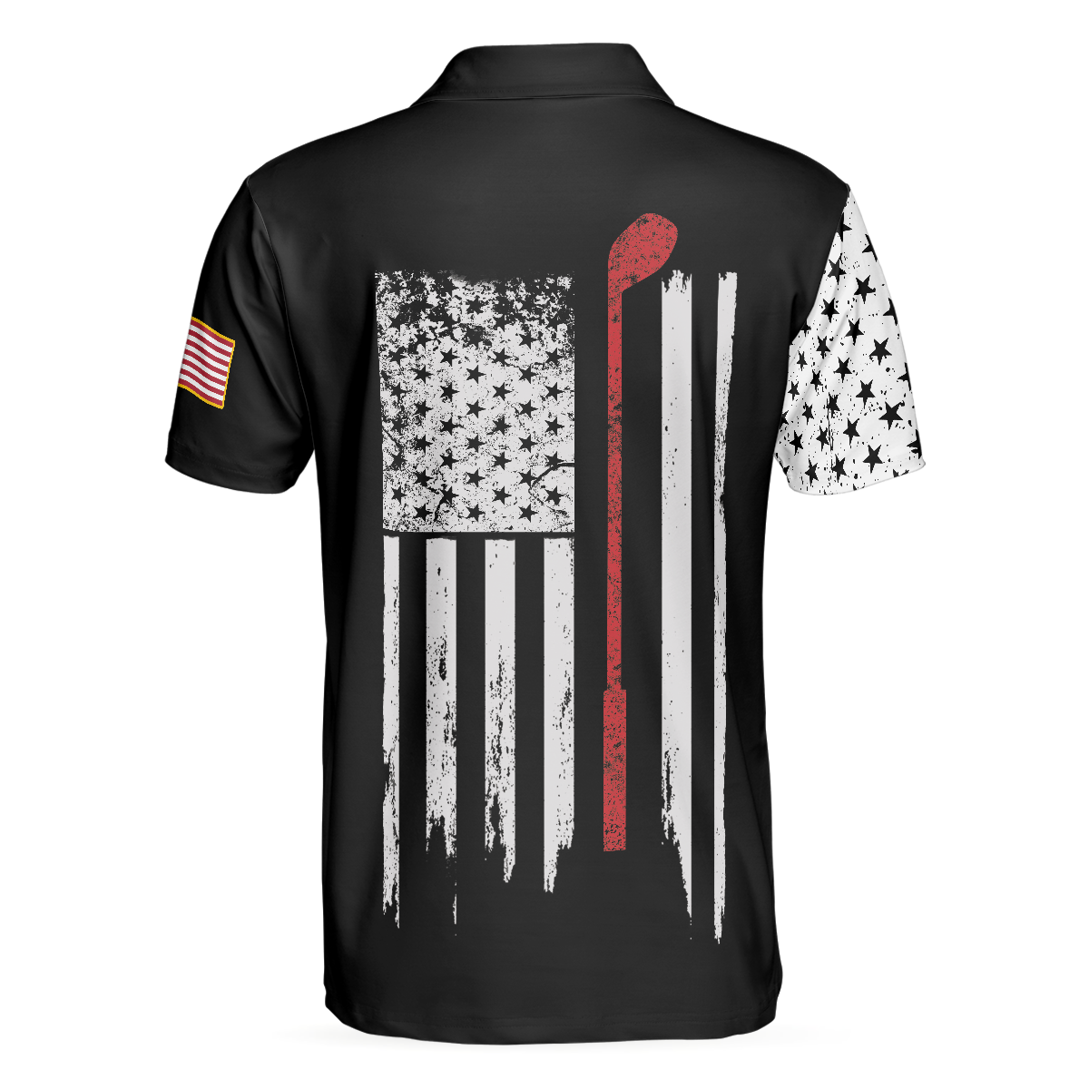 Alternative view of Skull American Flag With Golf Club Polo Shirt, Black And White American Flag Polo Shirt, Patriotic Golf Shirt For Men