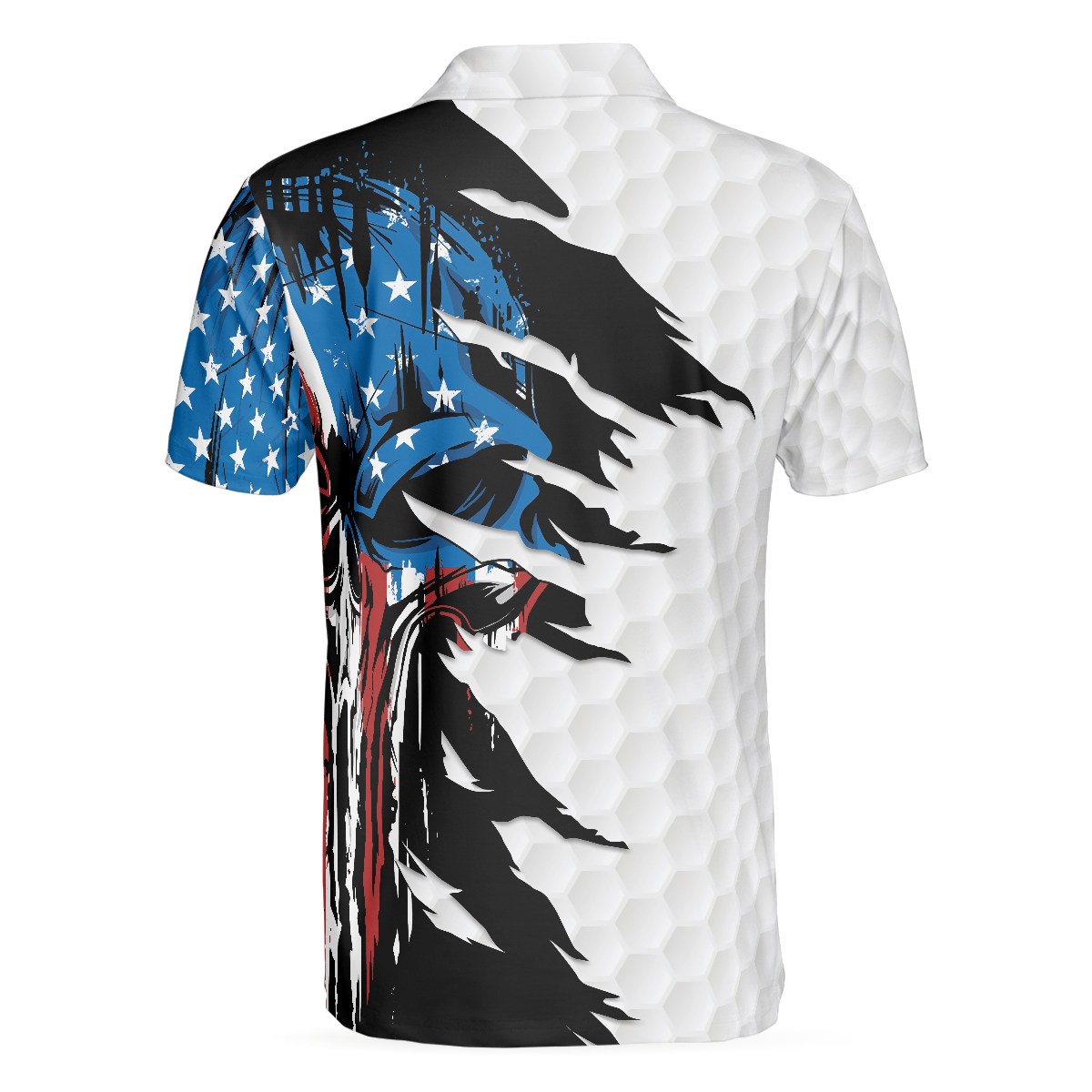 Alternative view of Skull American Ripped Golf Polo Shirt, White American Flag Polo Shirt, Patriotic Golf Shirt For Men