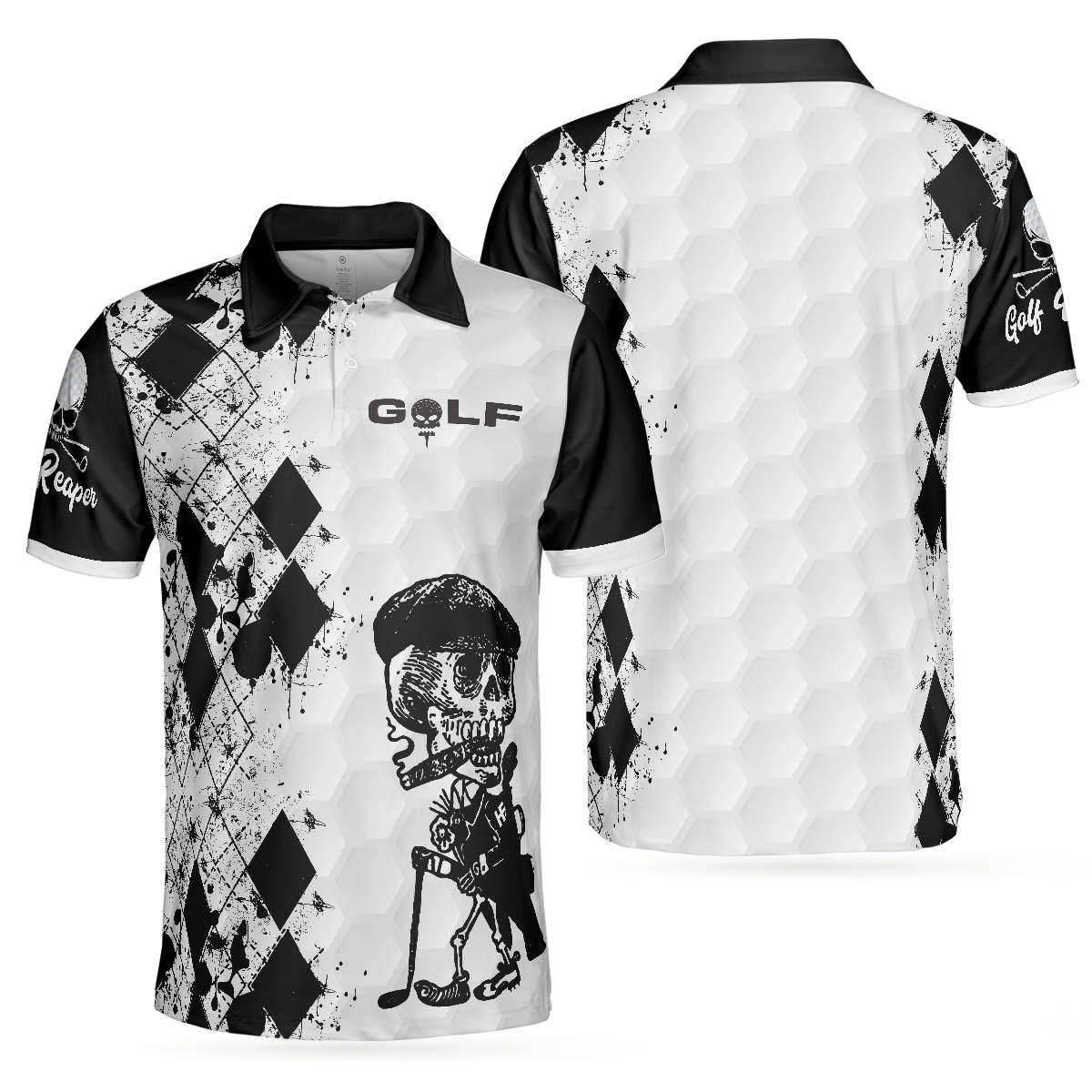 Skull Golf Reaper Polo Shirt, Black And White Argyle Pattern Polo Shirt, Best Golf Shirt For Men