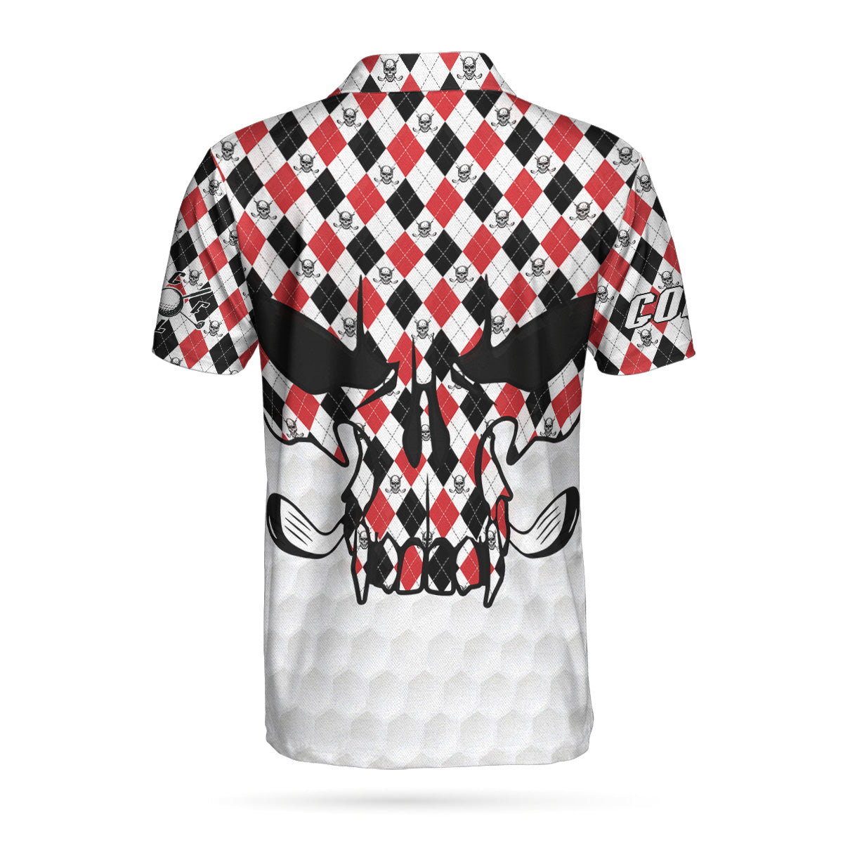 Alternative view of Skull Golf Red Black White Polo Shirt, Golf Texture Argyle Pattern Skull Polo Shirt, Best Golf Shirt For Men