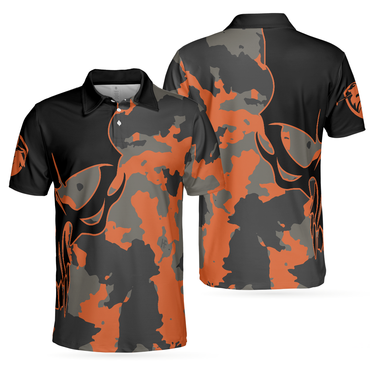 Skull Orange Camouflage Golf Polo Shirt, Streetwear Camo Golf Shirt For Men