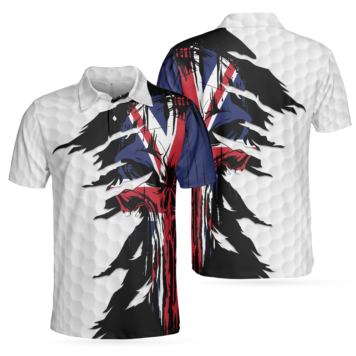 Skull United Kingdom Ripped Golf Short Sleeve Polo Shirt, Golf Pattern Polo Shirt, UK Golf Shirt For Men