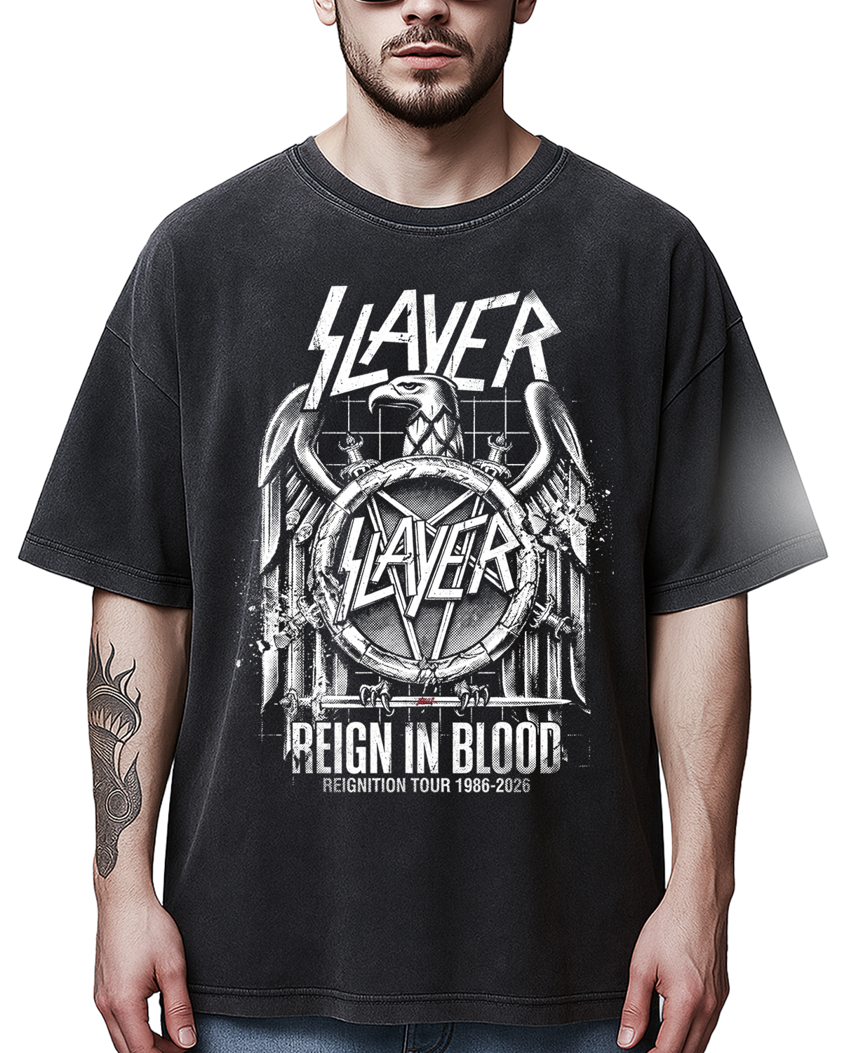 Slayer Reign In Blood Vintage 80s Thrash Metal Bootleg Distressed Black Tee - Image 5