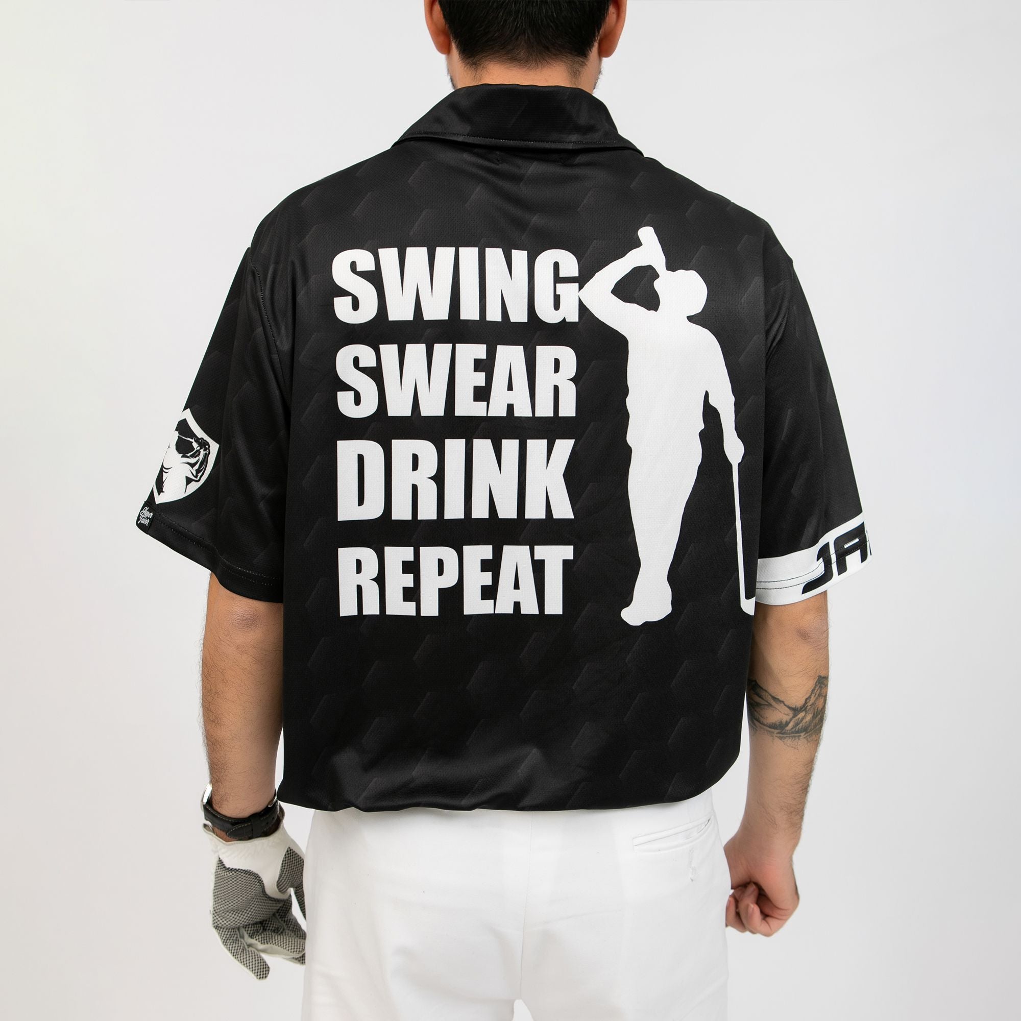 Alternative view of Swing Swear Drink Repeat Custom Polo Shirt, Personalized Black American Flag Golf Shirt For Men