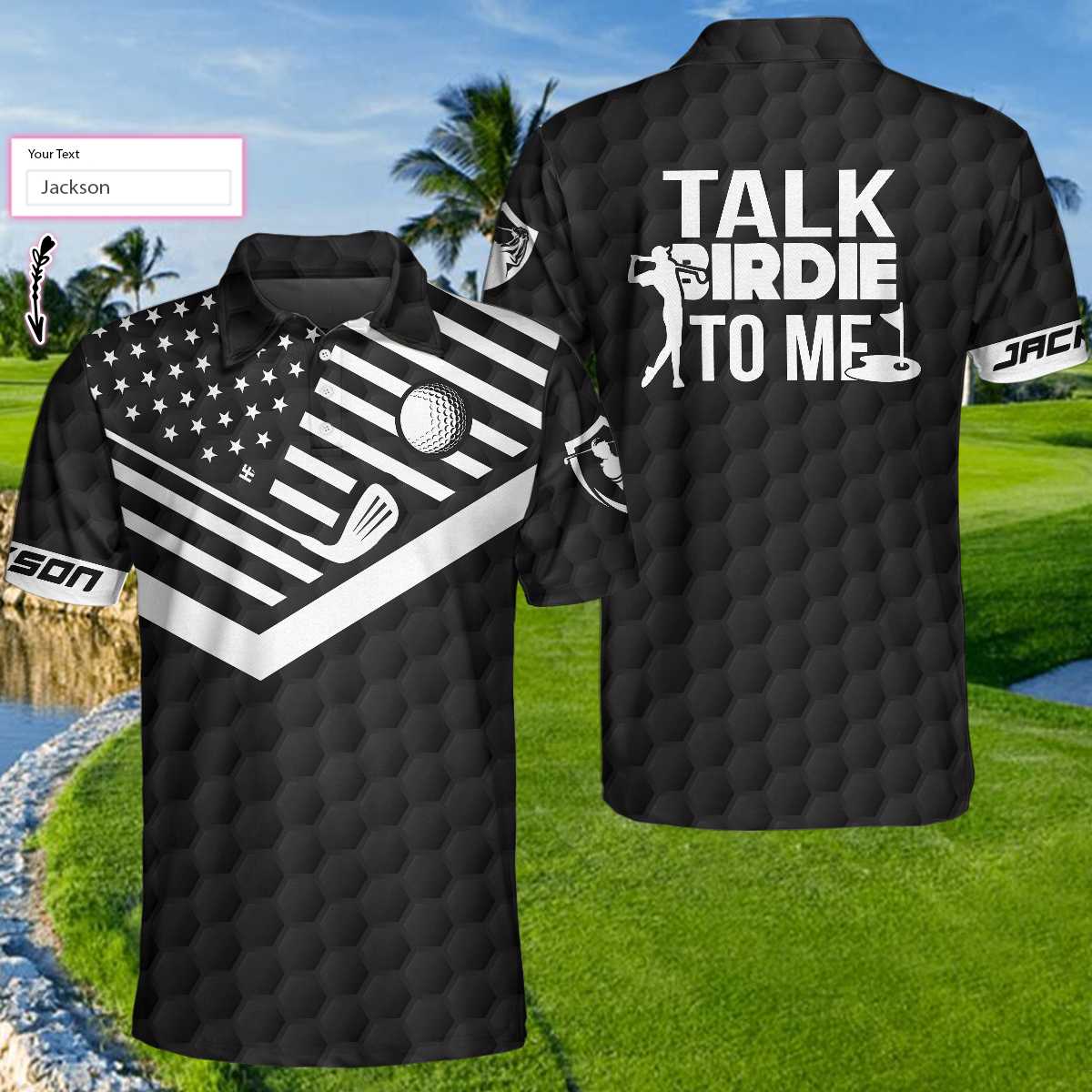 Talk Birdie To Me Custom Polo Shirt, Personalized Black American Flag Golf Shirt For Men
