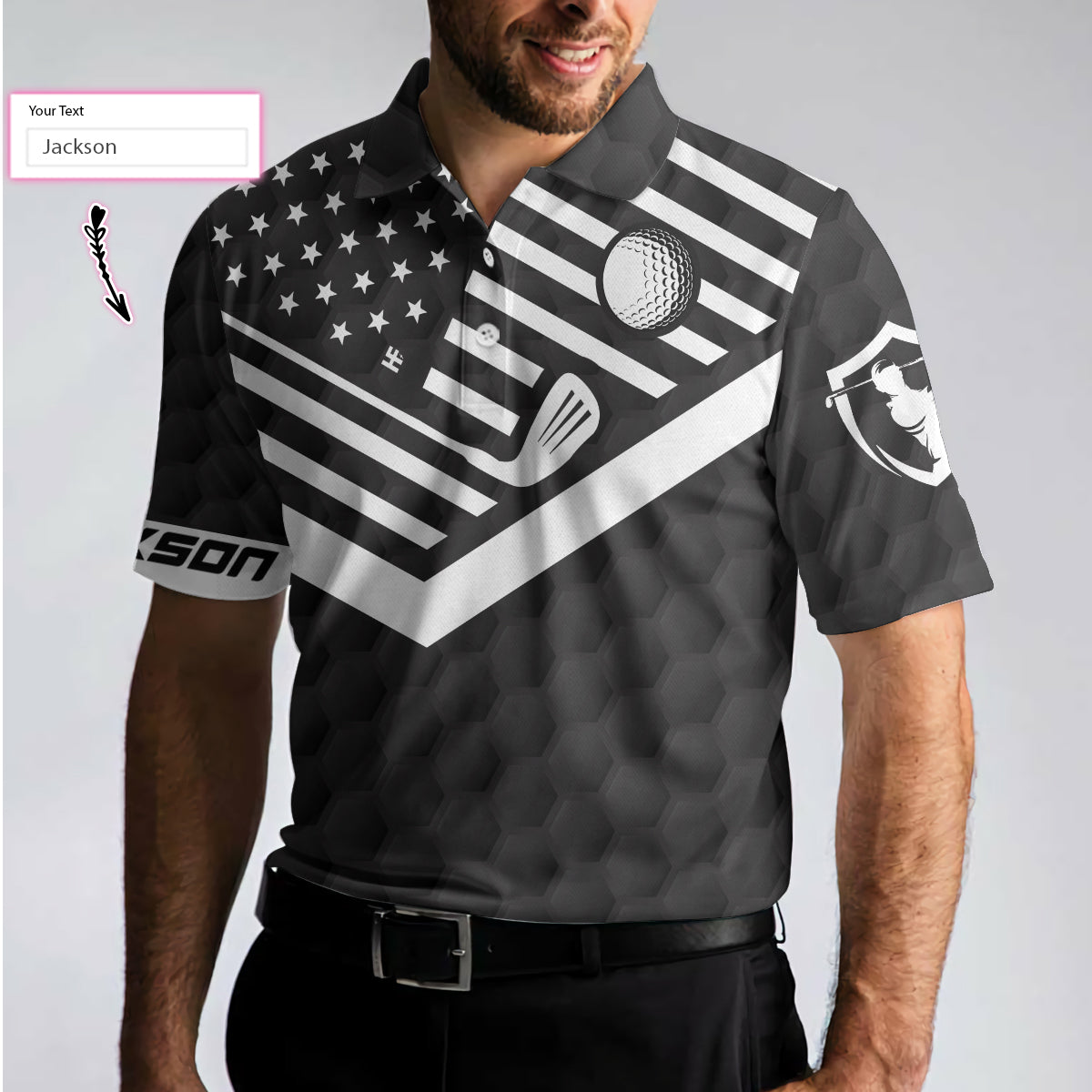 Alternative view of Talk Birdie To Me Custom Polo Shirt, Personalized Black American Flag Golf Shirt For Men