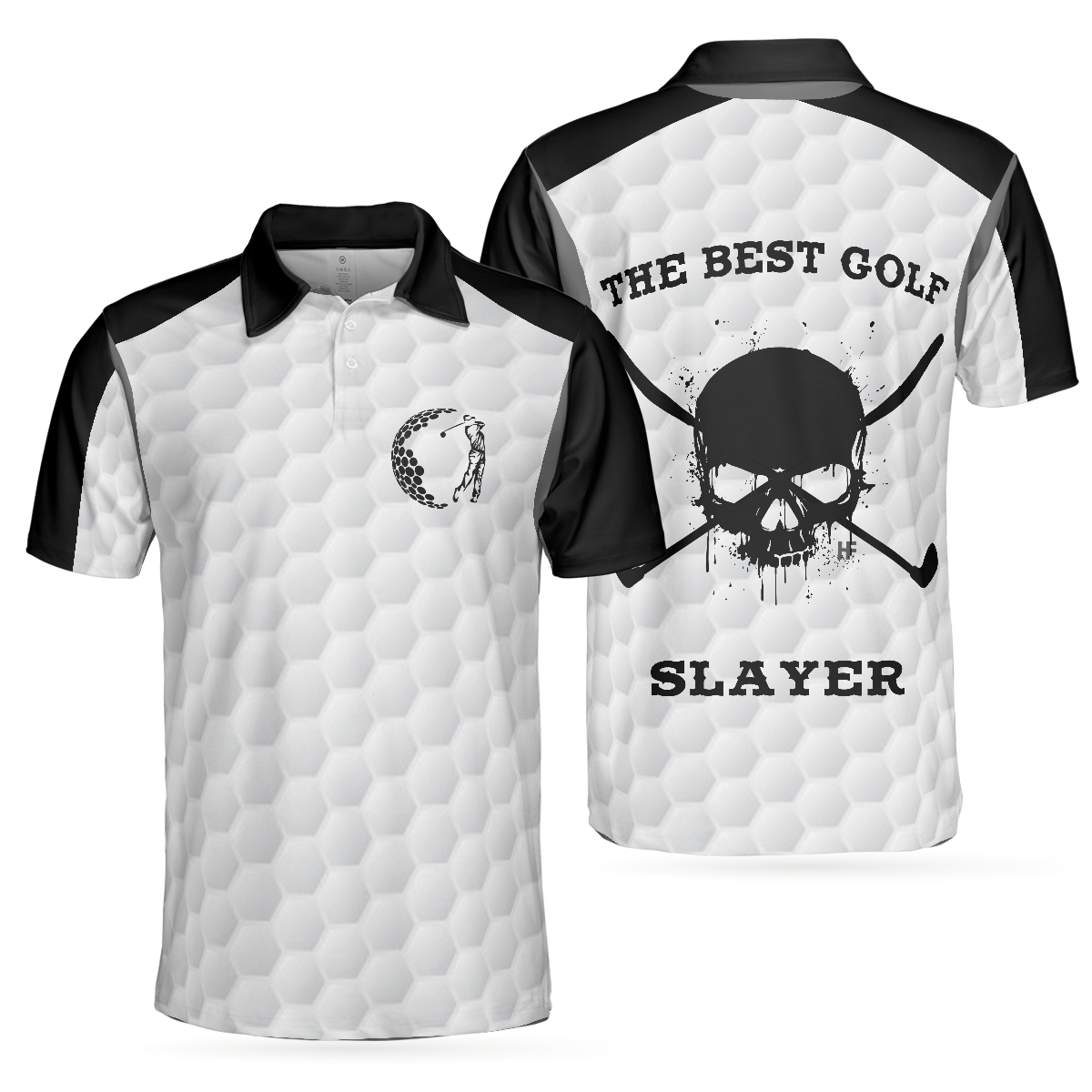 The Best Golf Slayer Wet Ink Skull Polo Shirt, Black Shoulder White Golf Pattern Polo Shirt, Best Golf Shirt For Men