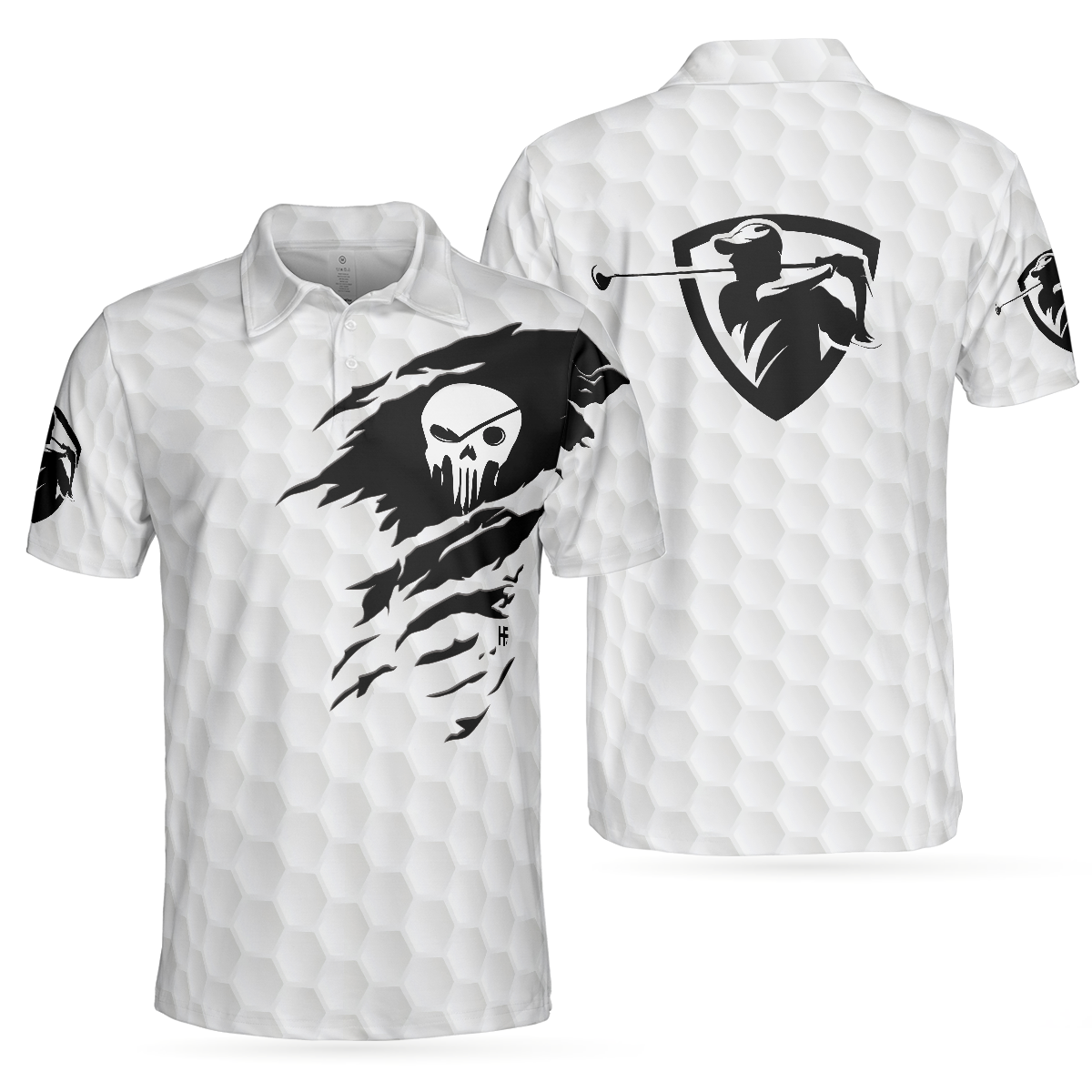 The Golf Skull Short Sleeve Golf Polo Shirt, Black And White Golf Pattern Ripped Skull Polo Shirt, Best Golf Shirt For Men