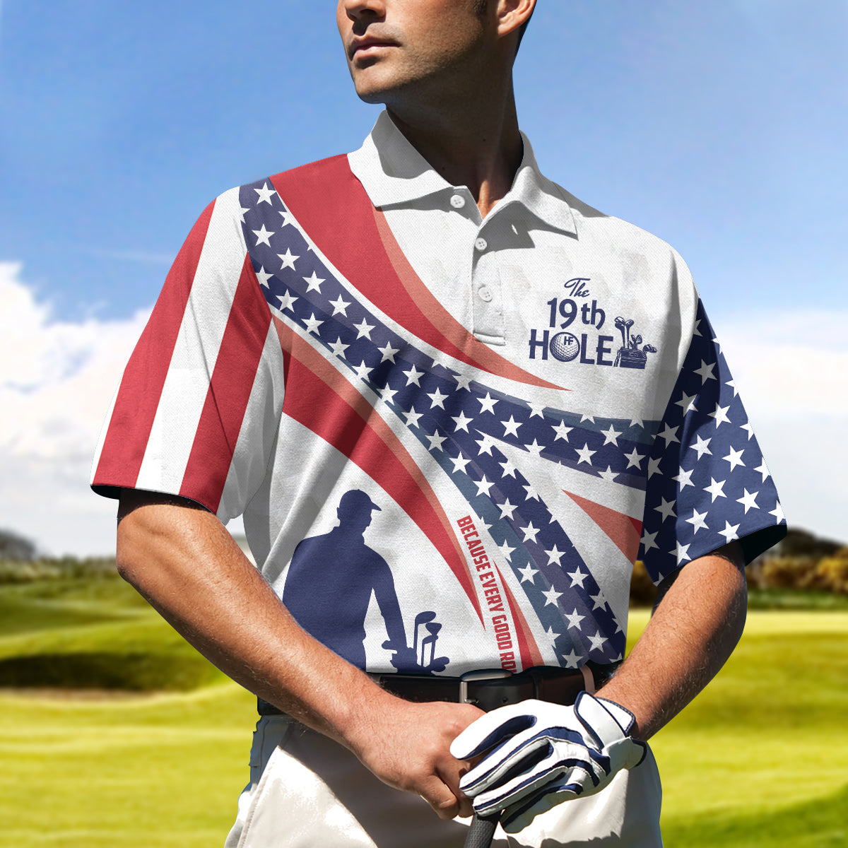 Alternative view of The Nineteenth Hole Custom Polo Shirt, Personalized American Flag Golfer Polo Shirt, Best Golf Shirt For Men