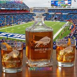 Buffalo Bills Custom Decanter Set with 2 Whiskey Glasses Etched Glassware Kit Est. 1960 NFL Fan Gift