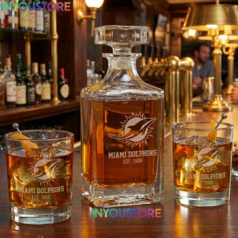 Miami Dolphins Custom Decanter Set with 2 Whiskey Glasses Etched Glassware Kit Est. 1960 NFL Fan Gift - Image 4