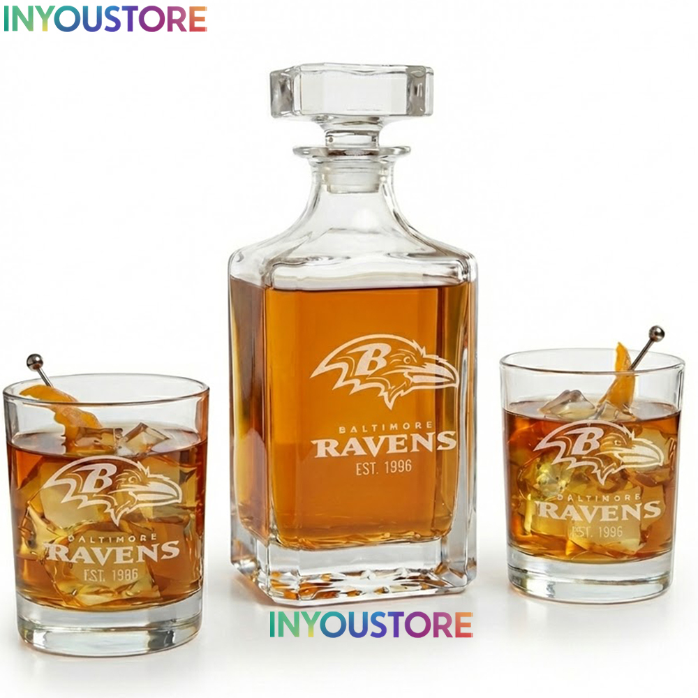 Baltimore Ravens Custom Decanter Set with 2 Whiskey Glasses Etched Glassware Kit Est. 1996 NFL Fan Gift - Image 4