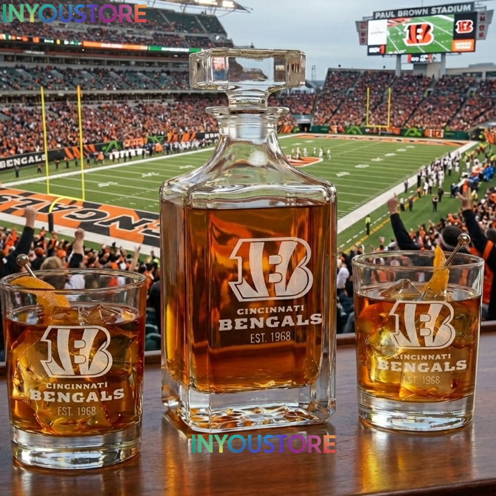Cincinnati Bengals Custom Decanter Set with 2 Whiskey Glasses Etched Glassware Kit Est. 1968 NFL Fan Gift