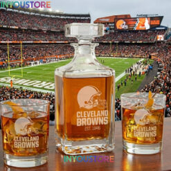 Cleveland Browns Custom Decanter Set with 2 Whiskey Glasses Etched Glassware Kit Est. 1946 NFL Fan Gift