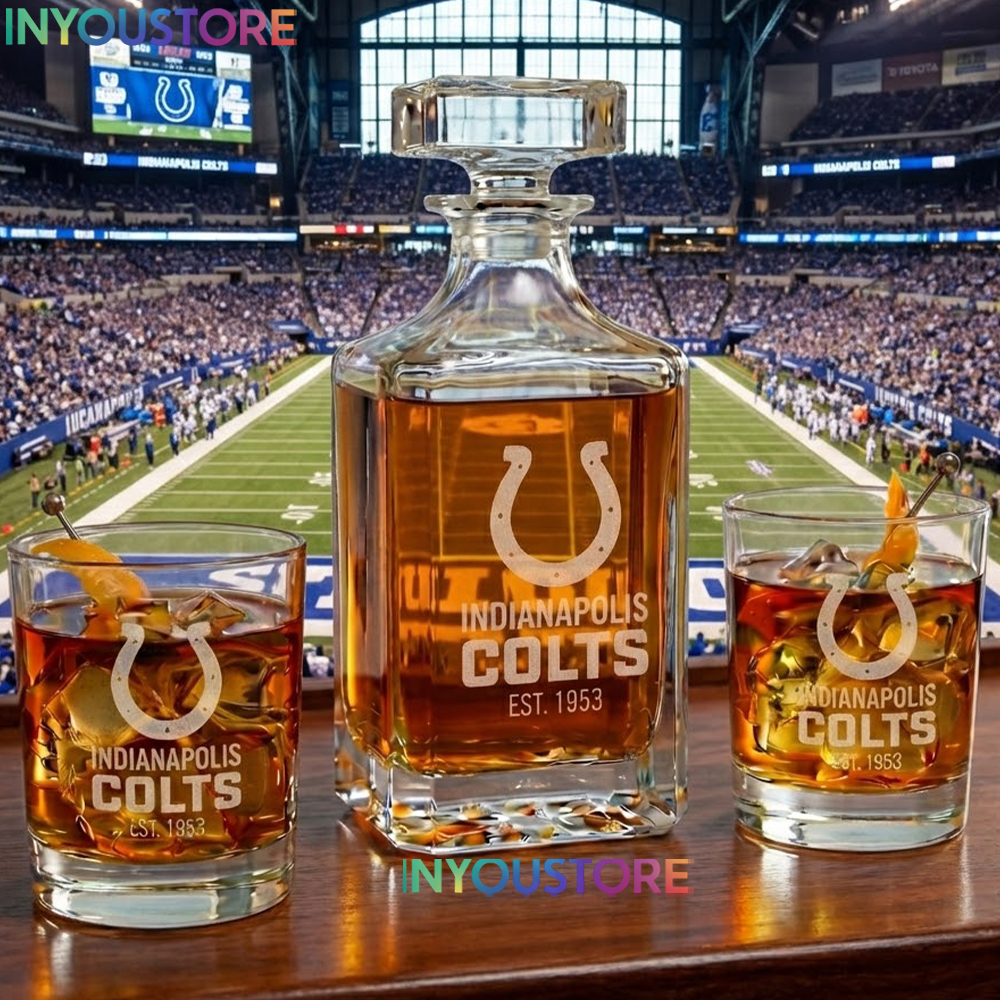 Indianapolis Colts Custom Decanter Set with 2 Whiskey Glasses Etched Glassware Kit Est. 1953 NFL Fan Gift