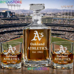 Oakland Athletics Custom Decanter Set with 2 Whiskey Glasses Etched Glassware Kit Est. 1901 MLB Fan Gift Ver 2