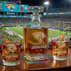 Jacksonville Jaguars Custom Decanter Set with 2 Whiskey Glasses Etched Glassware Kit Est. 1995 NFL Fan Gift