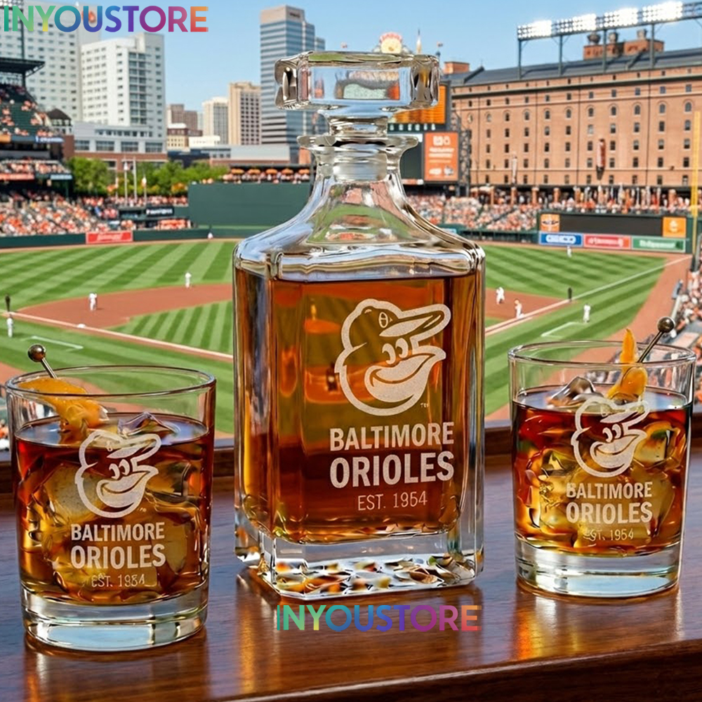 Baltimore Orioles Custom Decanter Set with 2 Whiskey Glasses Etched Glassware Kit Est. 1954 MLB Fan Gift